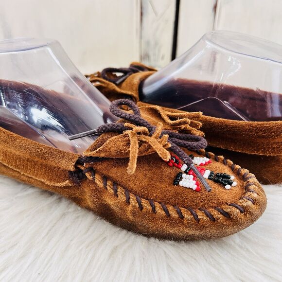 Minnetonka Thunderbird Animikii Softsole Brown Suede Leather Moccasins Size 5.5 - Picture 4 of 8